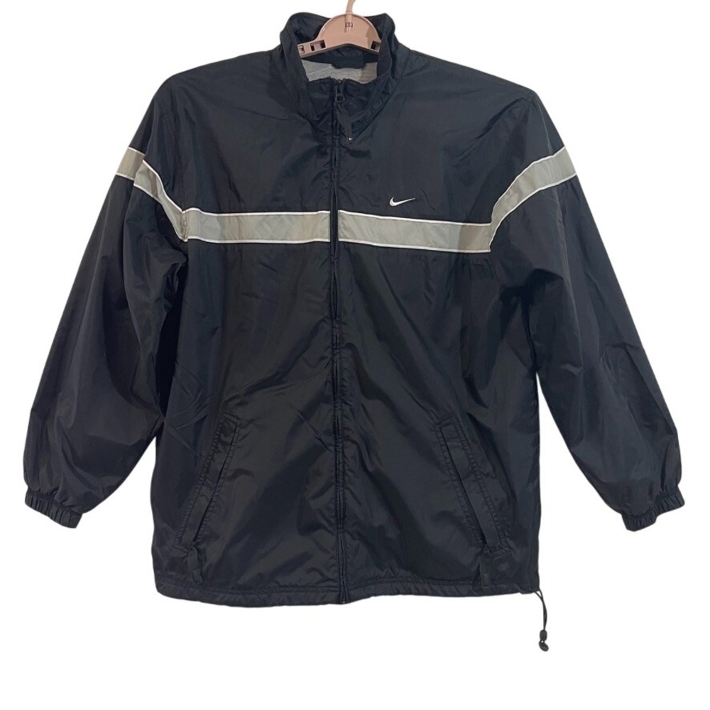 Nike Windbreaker Jacket Mens Size M Black Grey Stripe Zip Swoosh Logo-Vintage